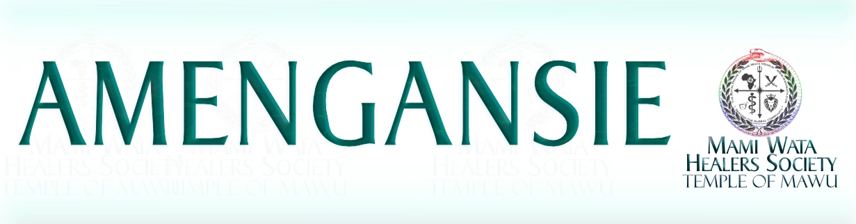 the word "amengansie (ah-ma-ga-see)" written next to the Mami Wata Healers Society Temple of Mawu Logo.