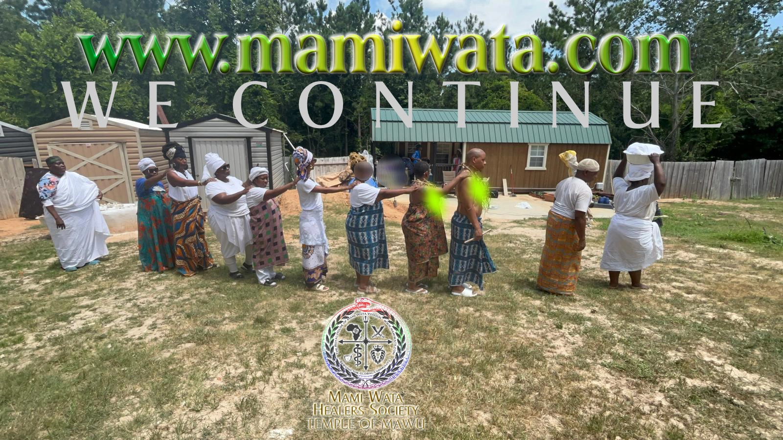 Nana Tron Danni, Kofi Djabakou, Tron Kunde )written next to the Mami Wata Healers Society Temple of Mawu Logo.
