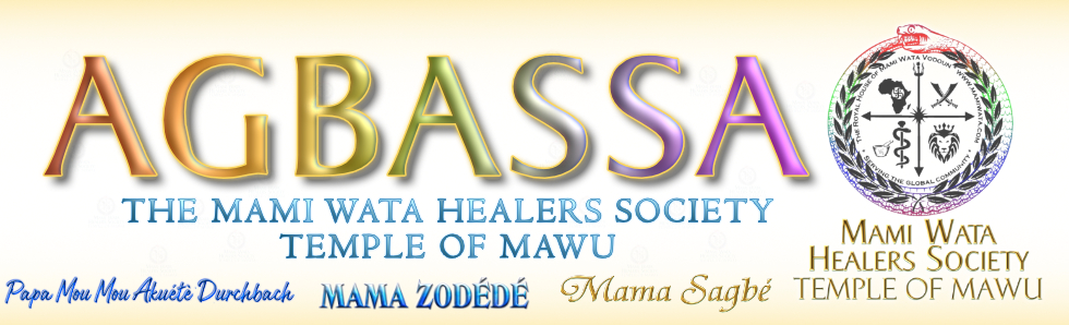 the word "Agbassa"  written next to the Mami Wata Healers Society Temple of Mawu Logo.