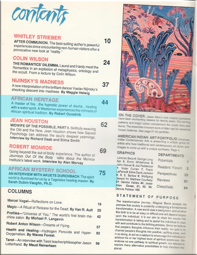 Table of contents of magazine, with relevant articles highlighted in blue.